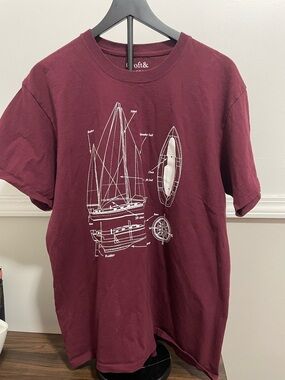 Croft & Barrow Men’s Maroon Nautical Sailboat Blueprint T-shirt Size Large